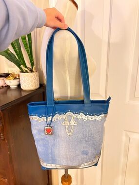 Blue Denim-Style Shoulder Tote with Studded Trim and Heart Charm